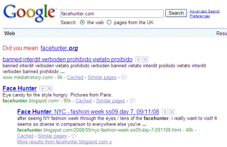 Google search for "facehunter.com"